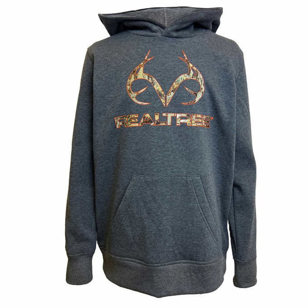 NWT Realtree Youth Hoodie Charcoal Gray Fleece with Camo accent Boys Medium